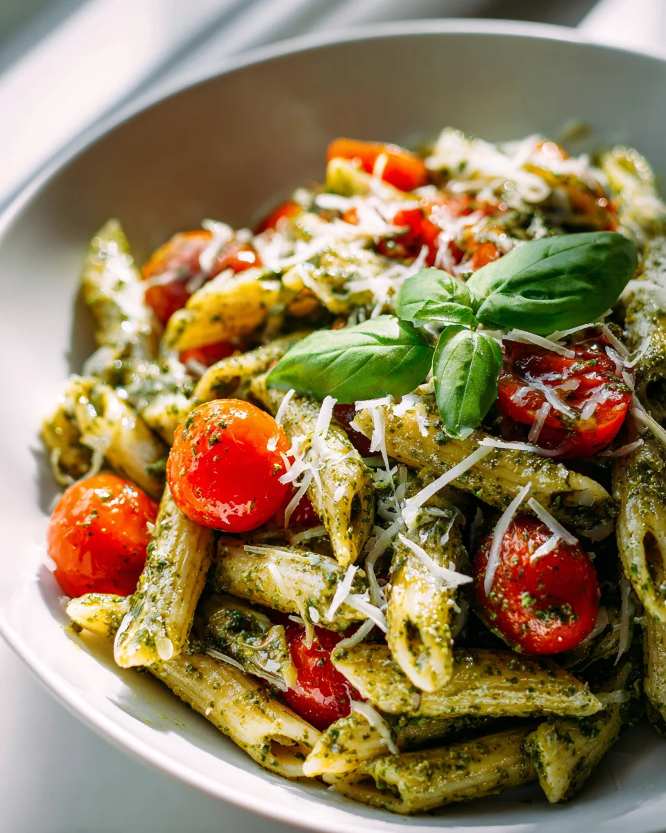 Sommerlicher Pesto Nudelsalat mit saftigen Kirschtomaten
