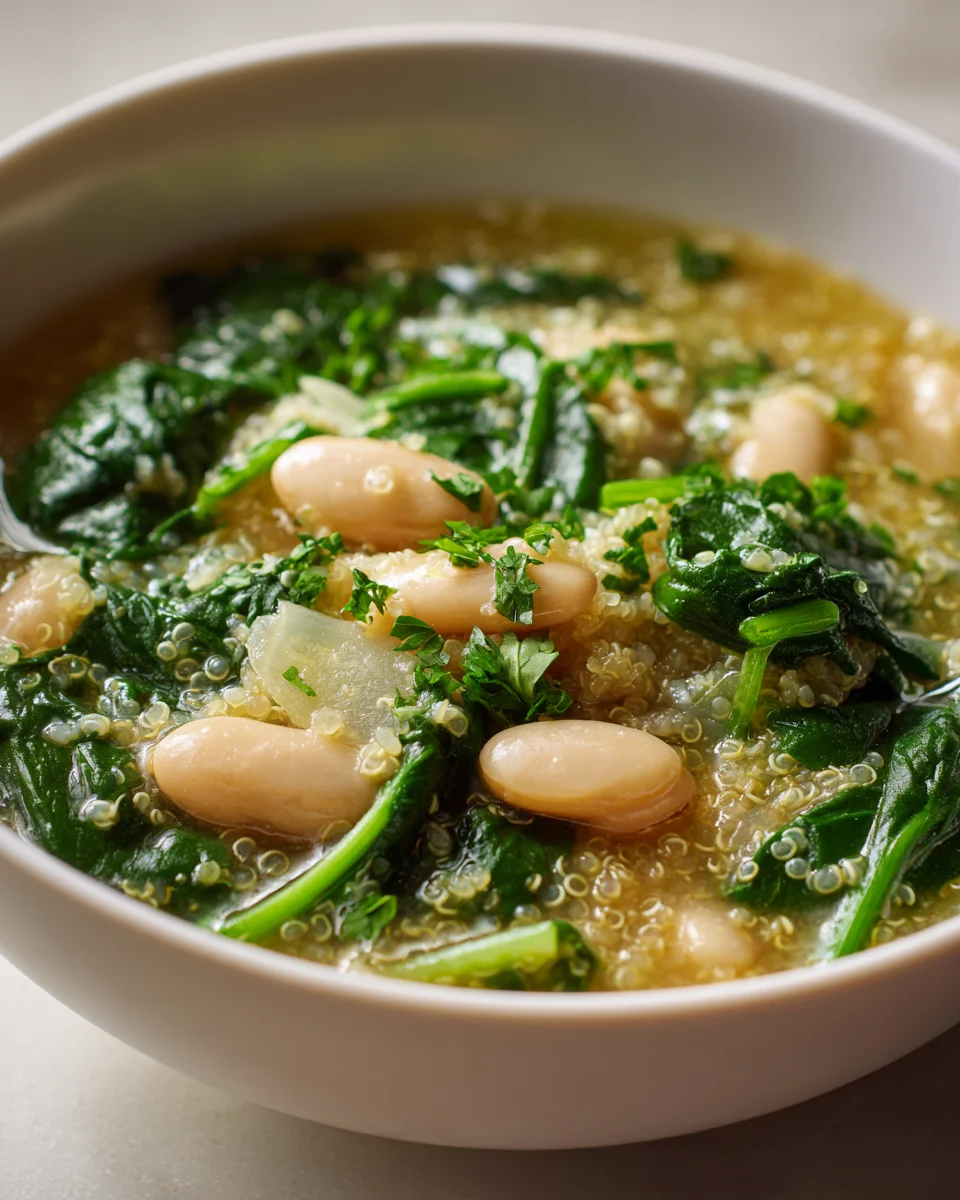 Cremige Quinoa Suppe mit Spinat & Bohnen – Schnell & Gesund