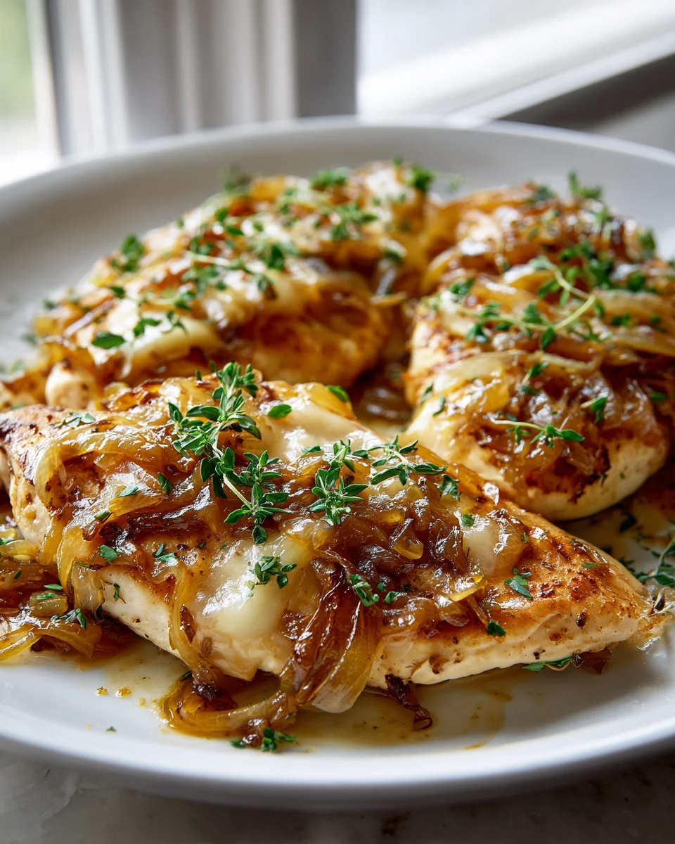 THINK: The user wants a 50-60 character SEO title for a recipe: 'French Onion Chicken Skillet With Melted Gruyère'.