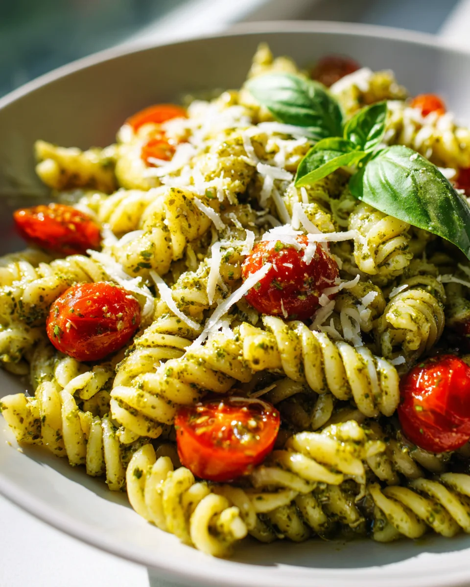 Sommerlicher Pesto Nudelsalat mit saftigen Kirschtomaten