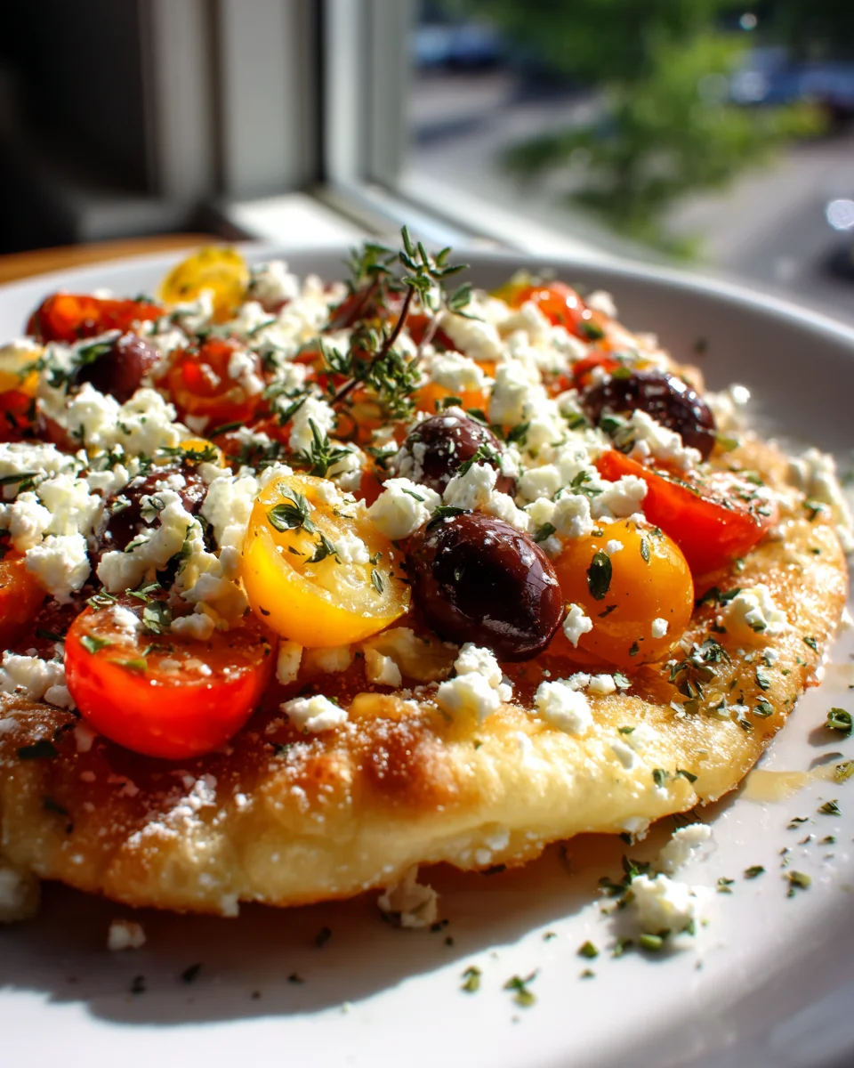 Einfache Mediterrane Lángos mit Feta, Oliven & Tomaten