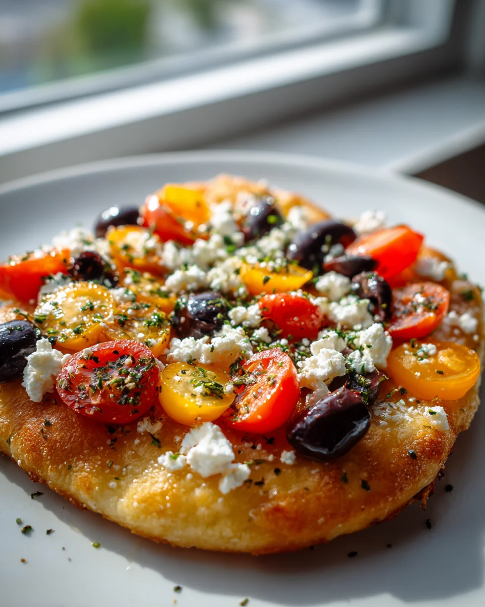Einfache Mediterrane Lángos mit Feta, Oliven & Tomaten