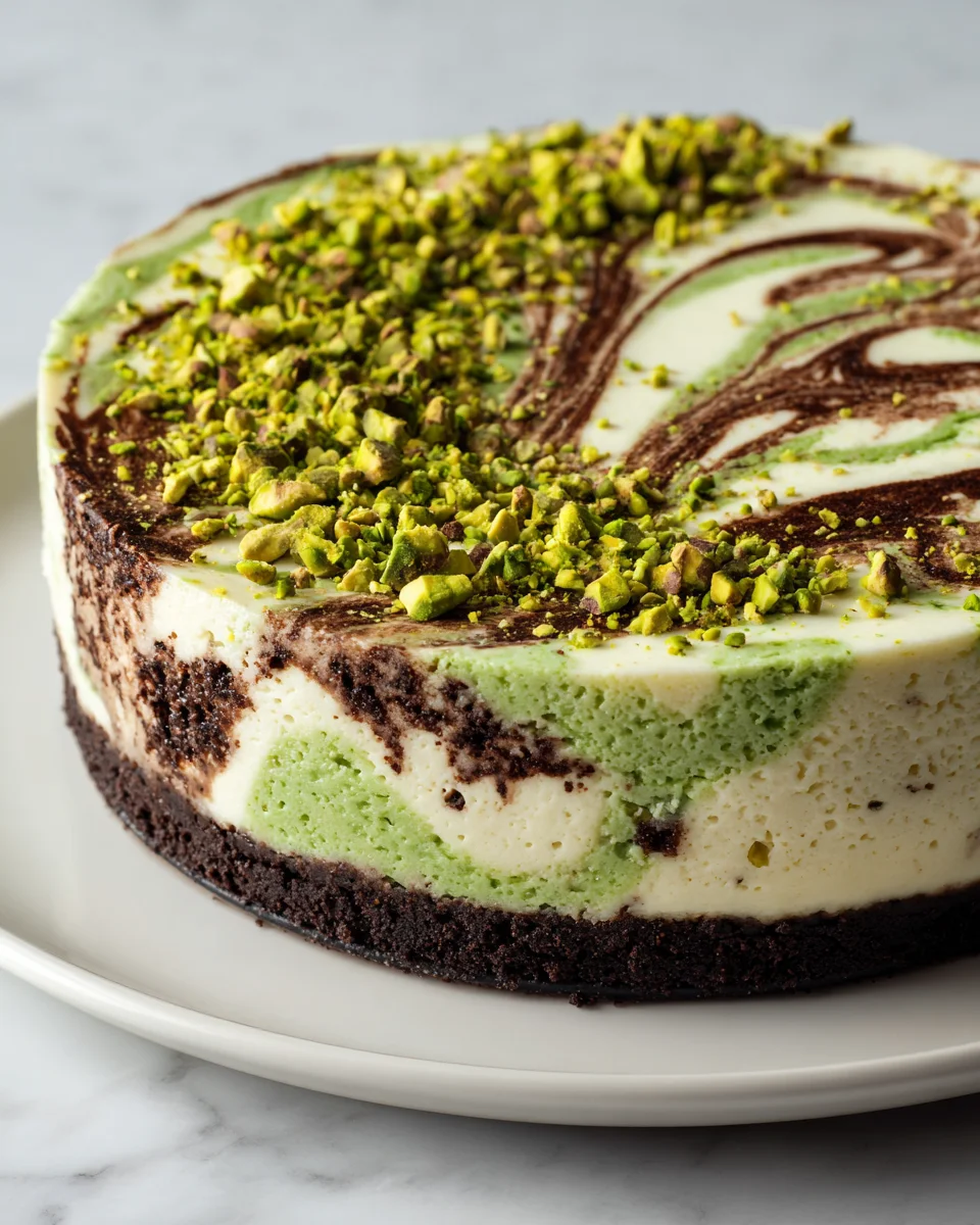 Cremiger Pistazien-Swirl-Käsekuchen mit Schoko-Keksboden