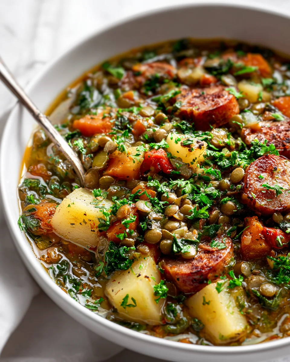 Leckeres Slow Cooker Linsen- und Kartoffelwürstchen-Eintopf