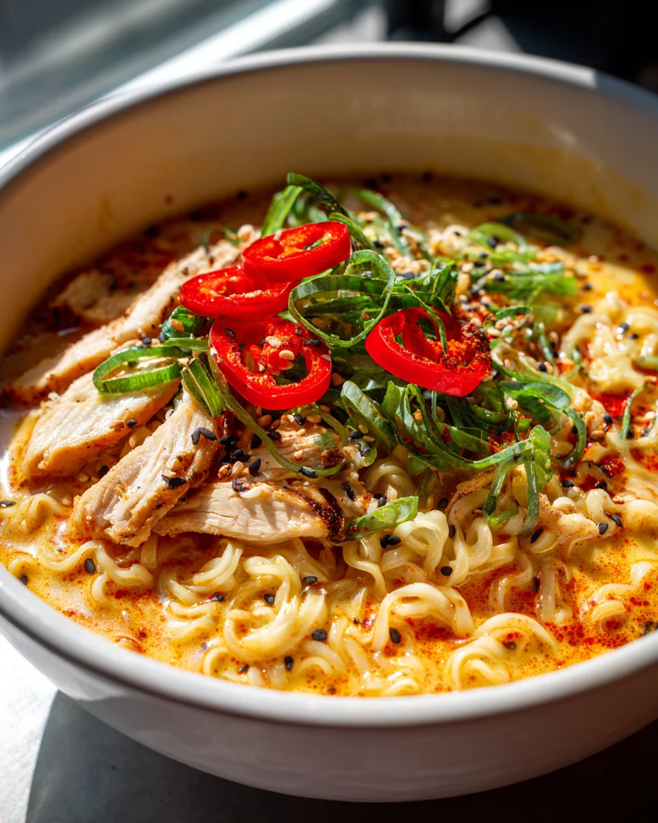 Feuriges Chicken Ramen mit cremiger Knoblauchsoße Rezept