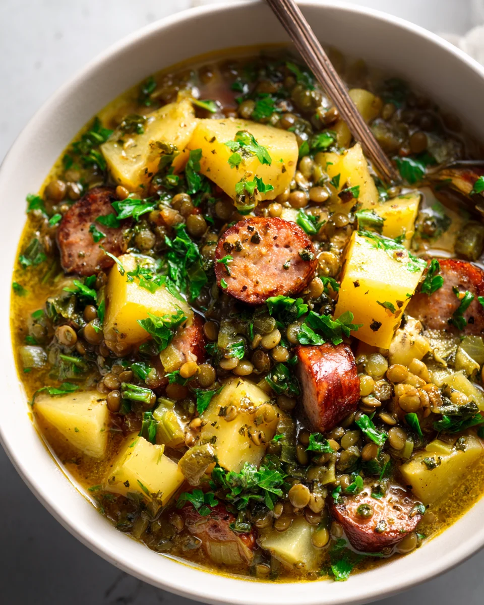 Leckeres Slow Cooker Linsen- und Kartoffelwürstchen-Eintopf
