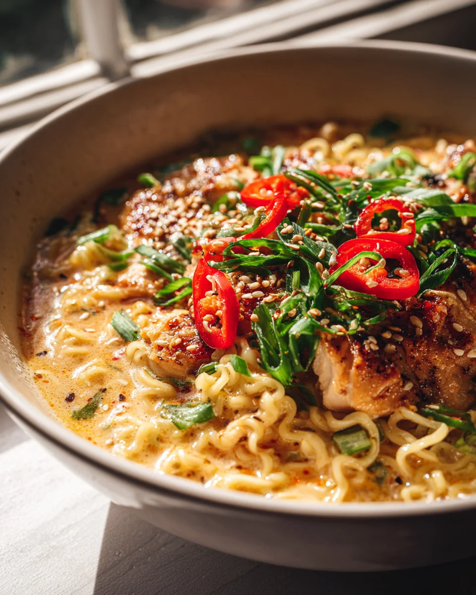Feuriges Chicken Ramen mit cremiger Knoblauchsoße Rezept