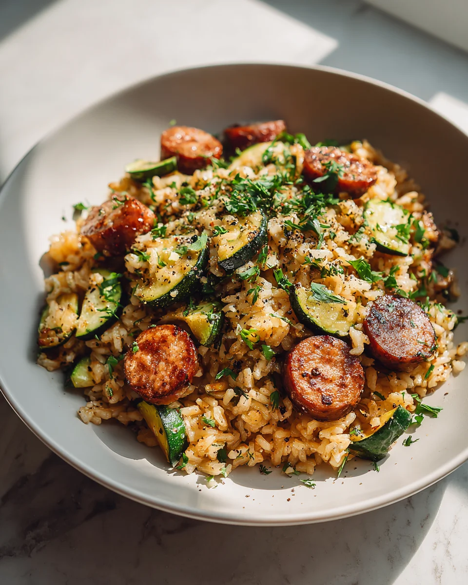 Mediterraner Rinderwurst Reis mit Zucchini & Kräutern