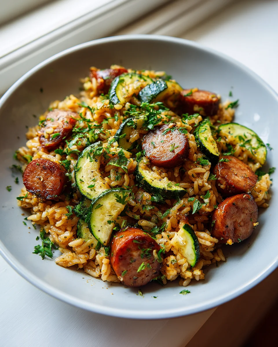 Mediterraner Rinderwurst Reis mit Zucchini & Kräutern