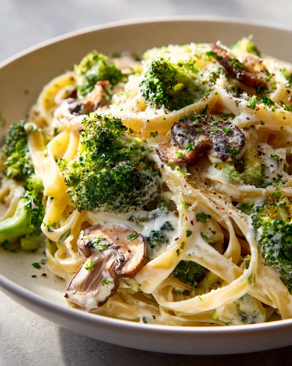 Pasta Alfredo vegetarisch: Brokkoli, Pilze & Cremigkeit pur!