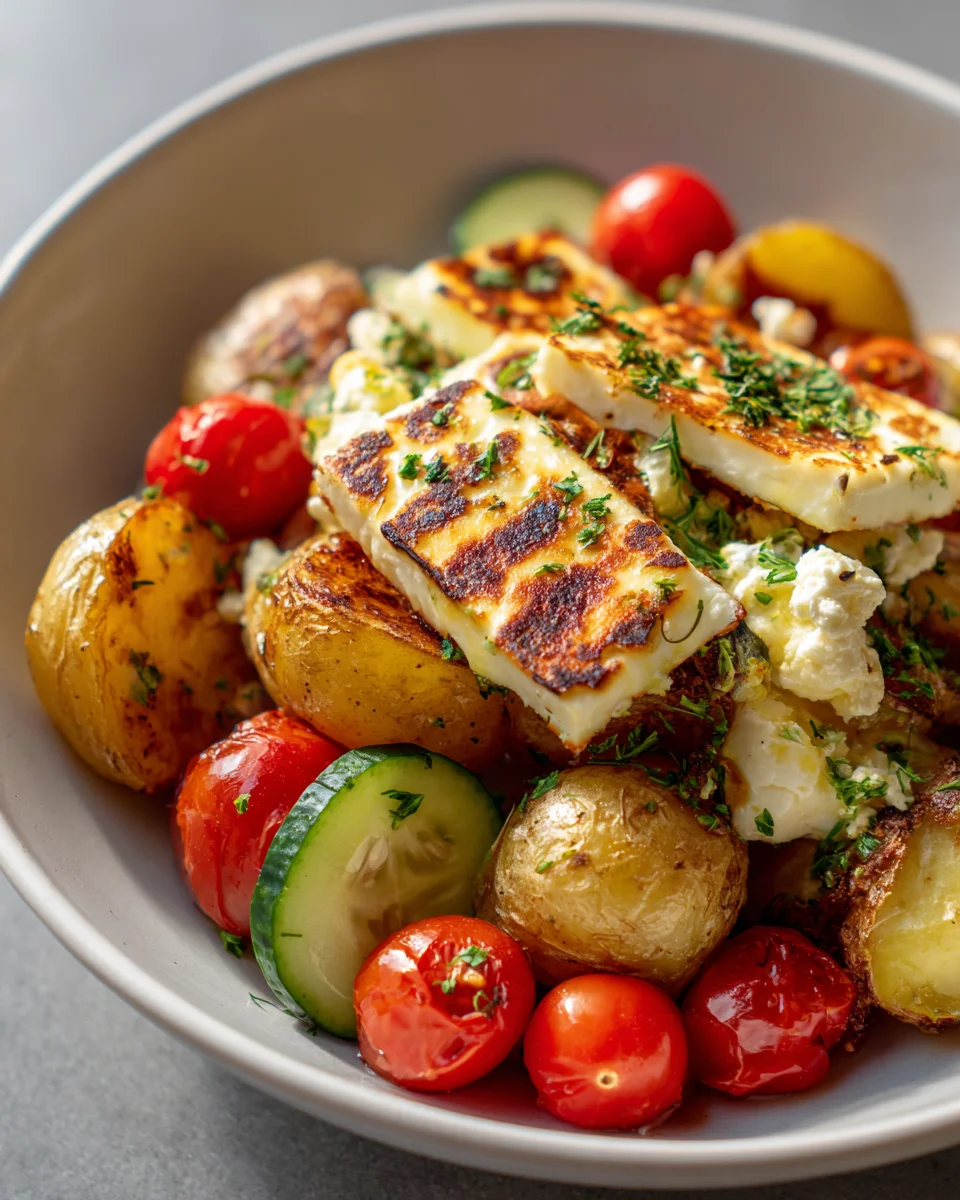 Leichte Griechische Kartoffel-Bowl mit gegrilltem Halloumi