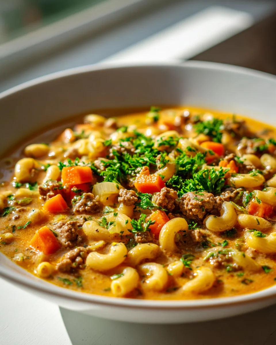 Perfekt-cremige Slow Cooker Rinderhack Makkaroni Suppe!