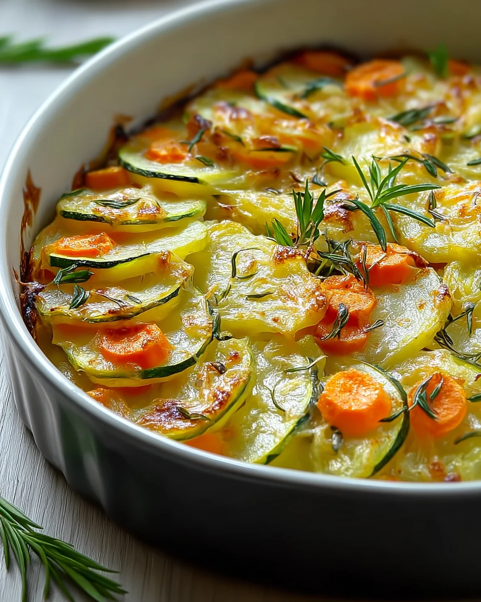 Vegetarischer Kartoffelauflauf mit Zucchini und Karotten genießen