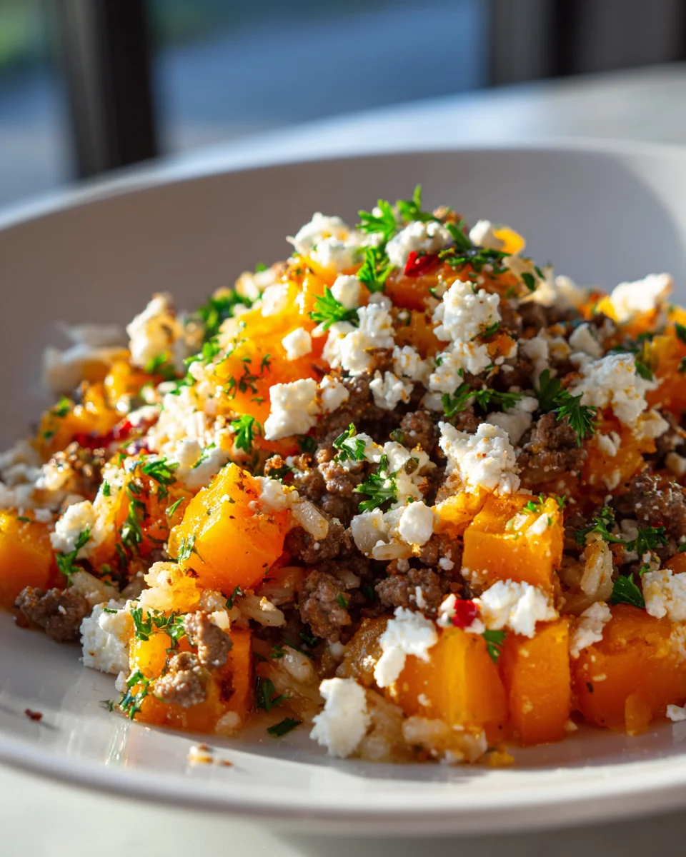 Kürbis-Hackpfanne mit Feta & Reis: Einfaches One Pot Gericht