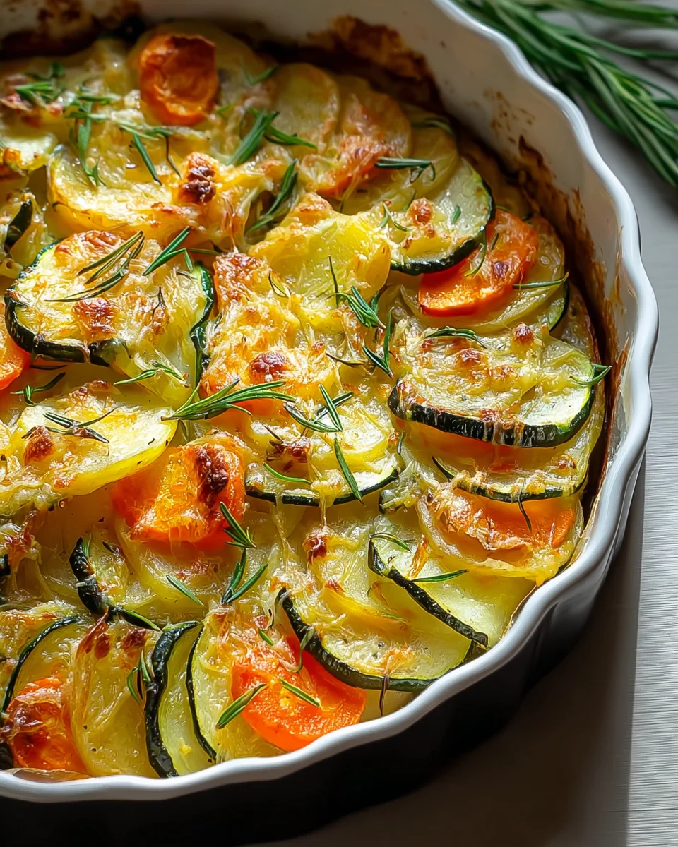 Vegetarischer Kartoffelauflauf mit Zucchini und Karotten genießen