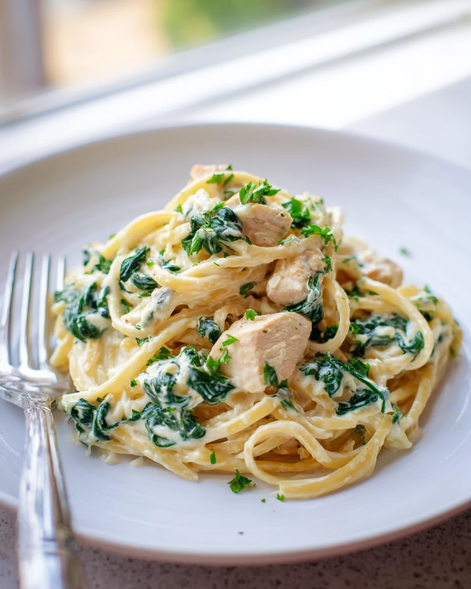Cremige Hähnchen Spinat Pasta mit Frischkäse – Schnell & Herzhaft!