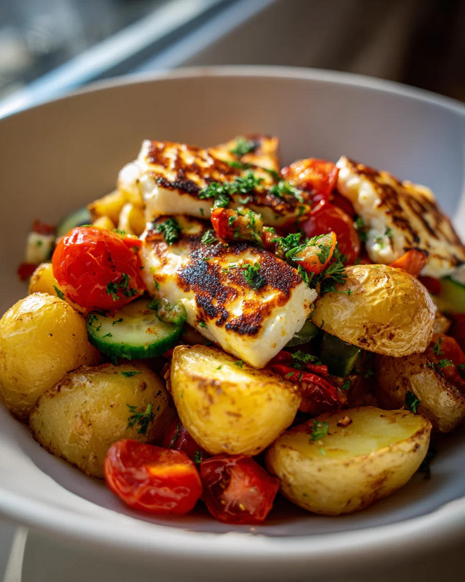 Leichte Griechische Kartoffel-Bowl mit gegrilltem Halloumi