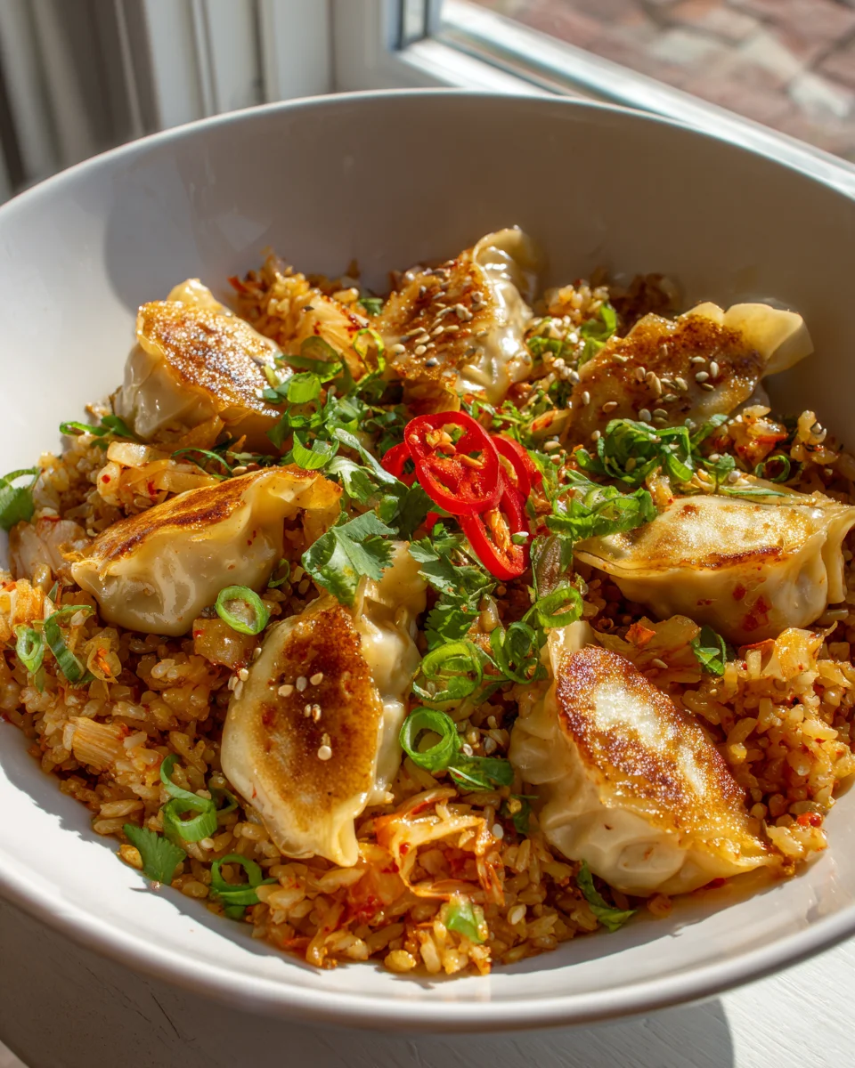 Kimchi Fried Rice Potsticker Bowl mit Rindfleisch genießen!