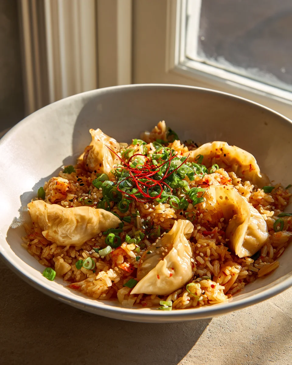 Kimchi Fried Rice Potsticker Bowl mit Rindfleisch genießen!
