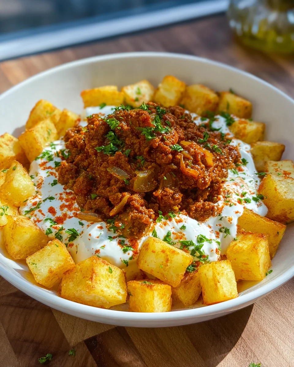 Knusprige Kartoffeln mit herzhaftem Hackfleisch und Joghurt