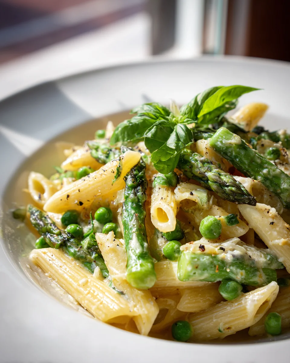 Penne mit grünem Spargel, Erbsen und Knoblauch - lecker!