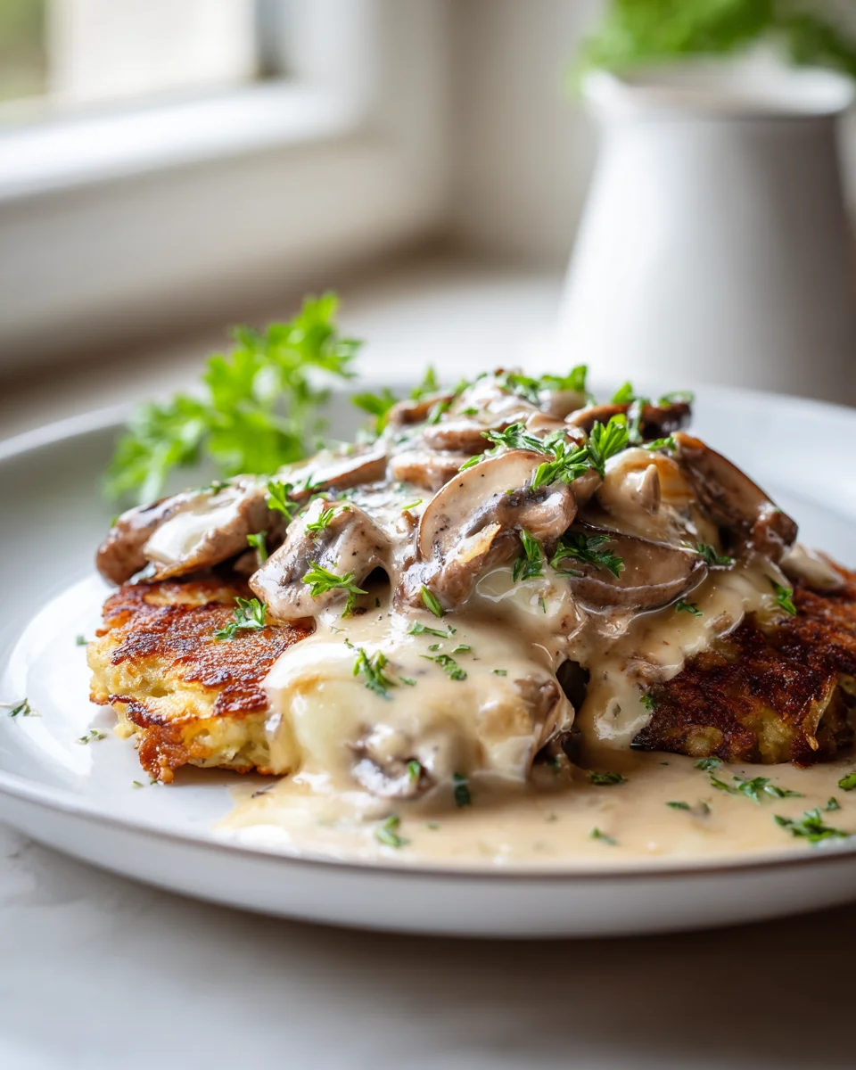 Mozzarella Rosti mit cremiger Zwiebel-Pilzrahmsosse genießen.