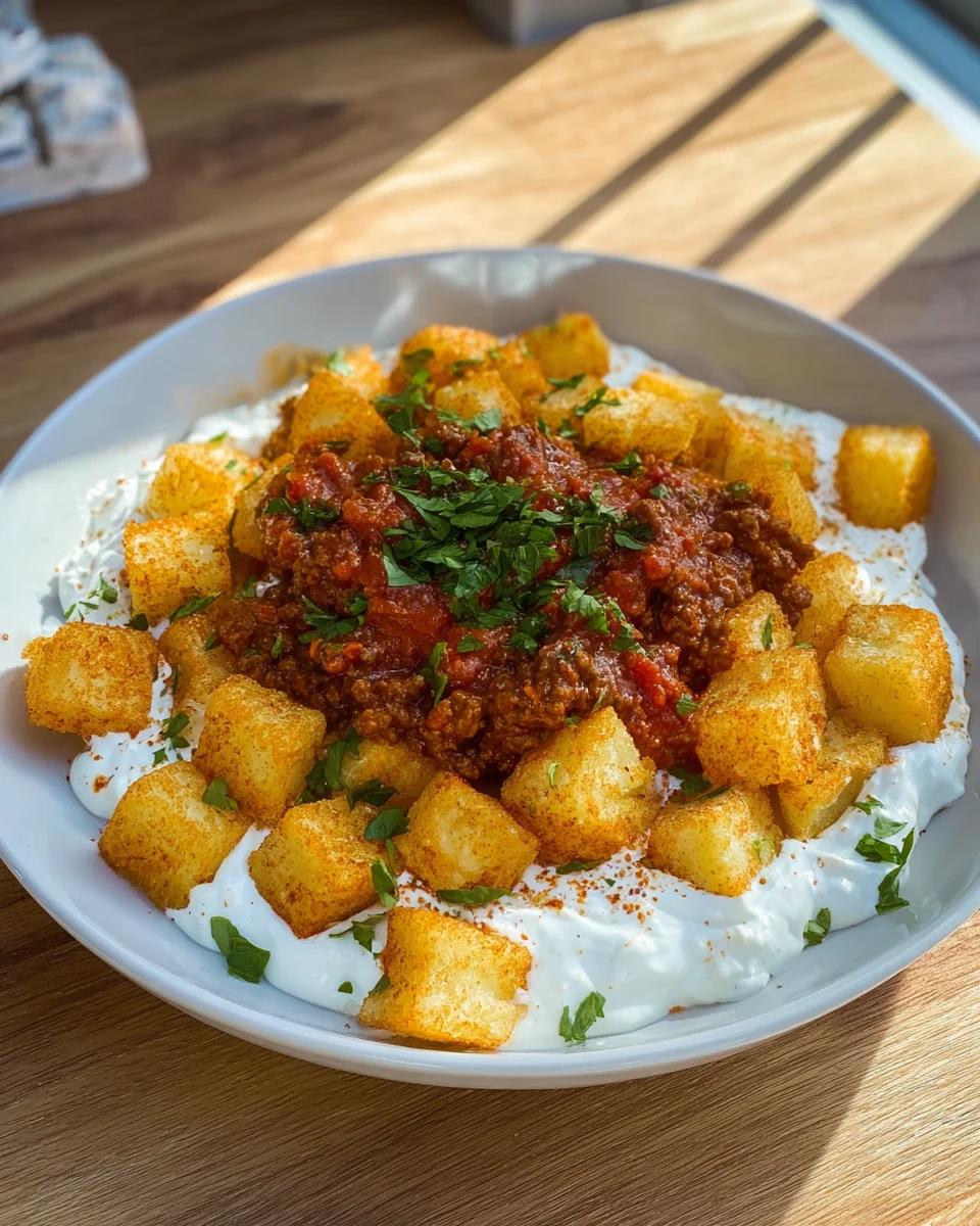 Knusprige Kartoffeln mit herzhaftem Hackfleisch und Joghurt