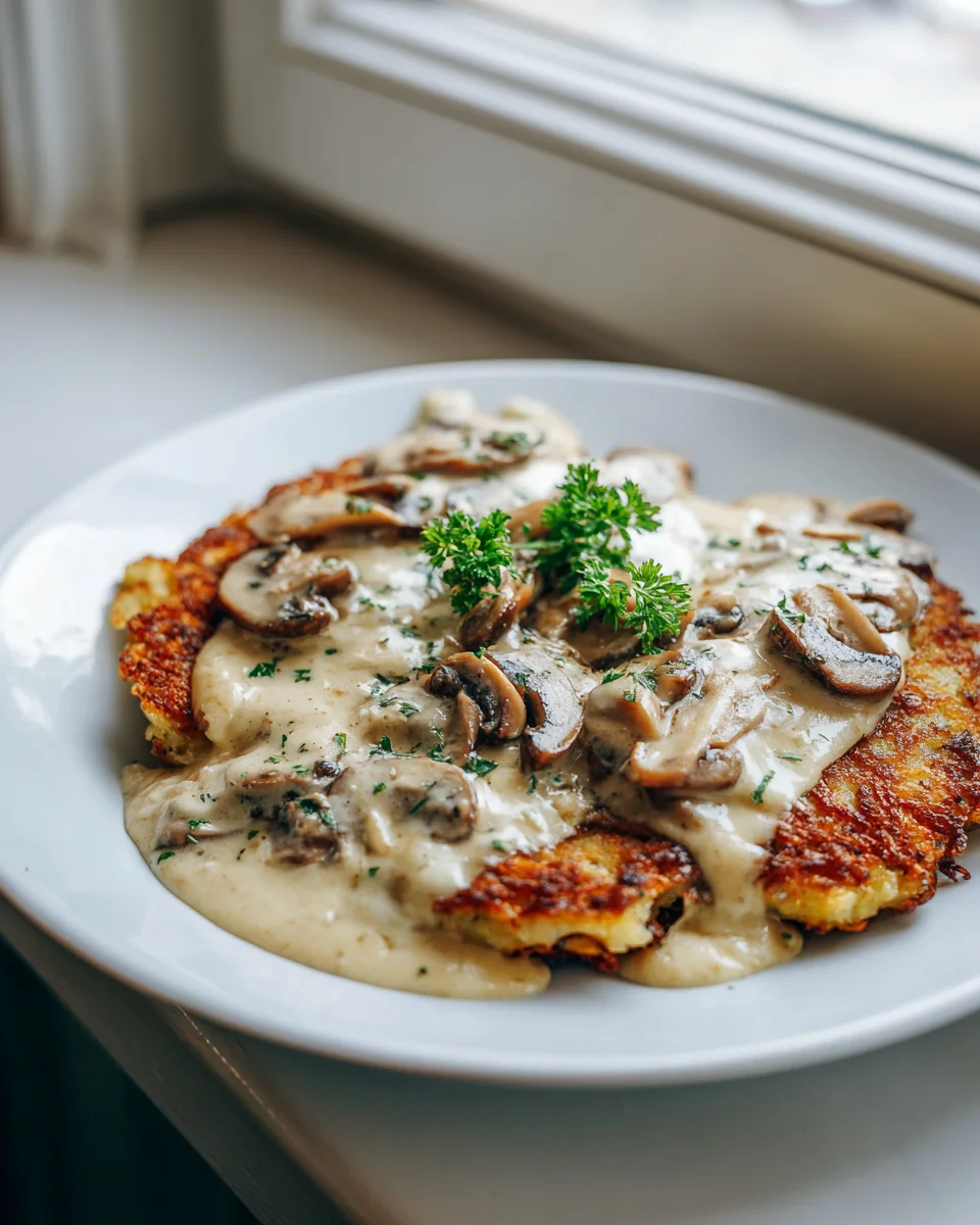 Mozzarella Rosti mit cremiger Zwiebel-Pilzrahmsosse genießen.