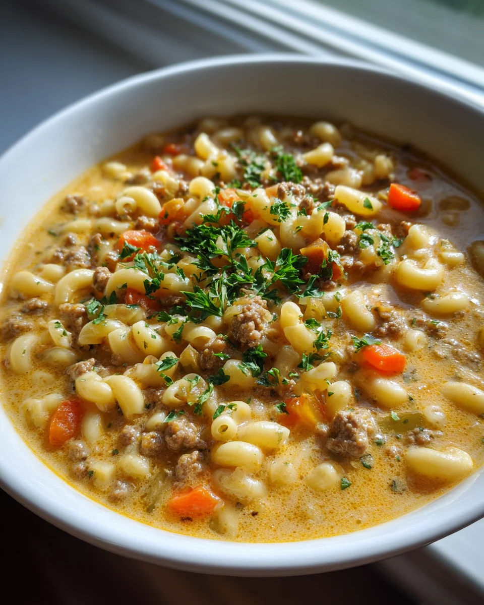 Perfekt-cremige Slow Cooker Rinderhack Makkaroni Suppe!
