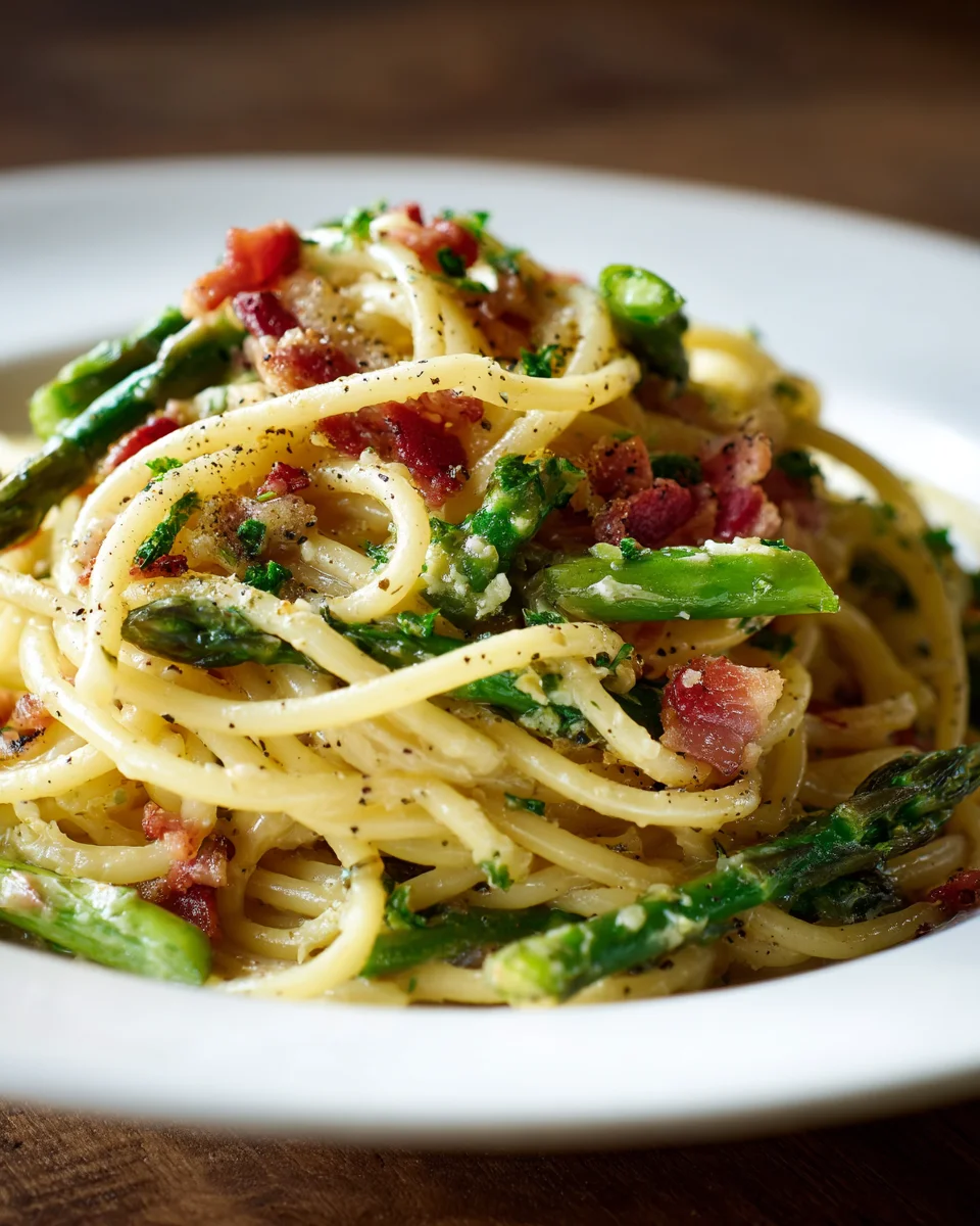 Pasta mit grünem Spargel und knusprigem Rinderbauch in Knoblauchöl