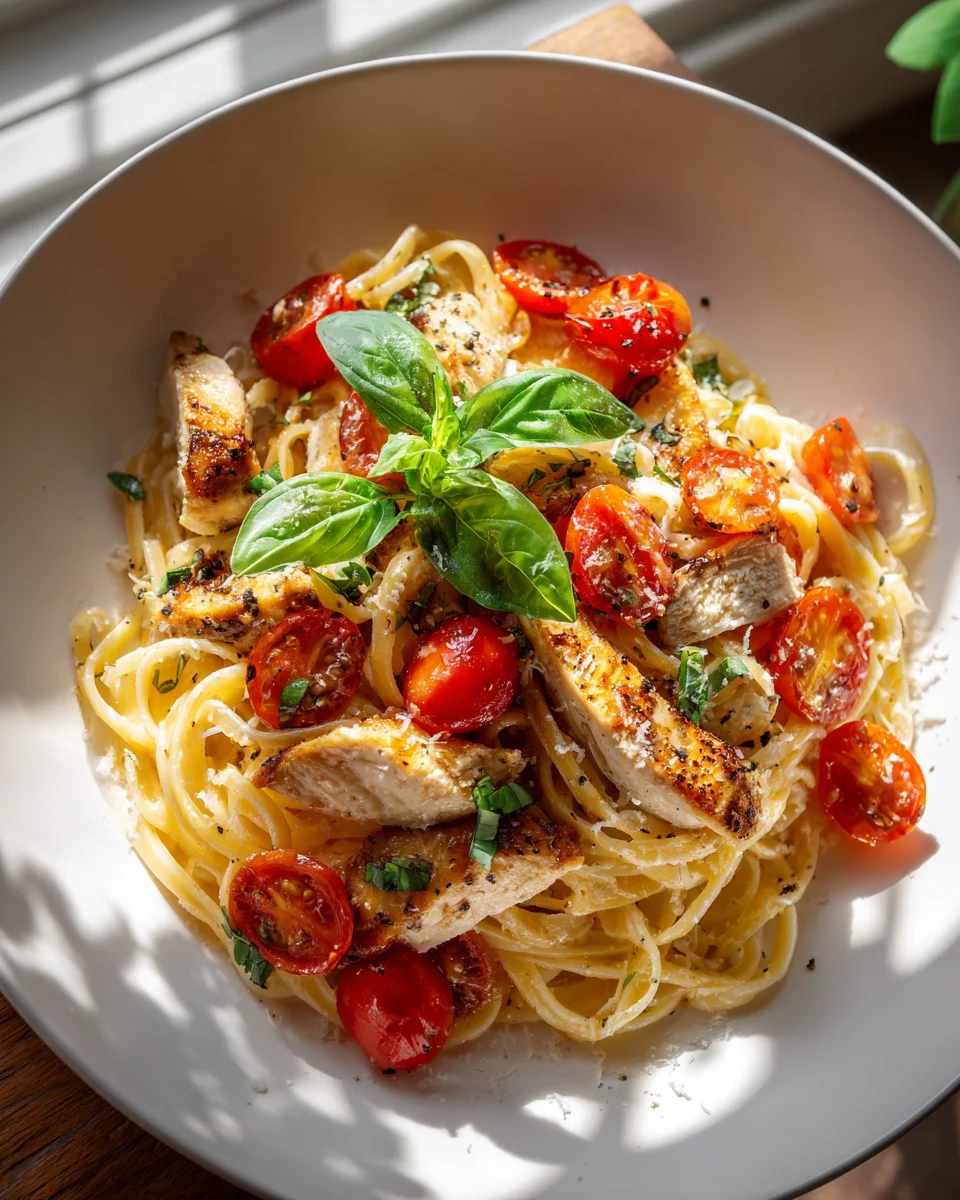 One Pot Bruschetta Hähnchen Pasta mit Knoblauch & Olivenöl