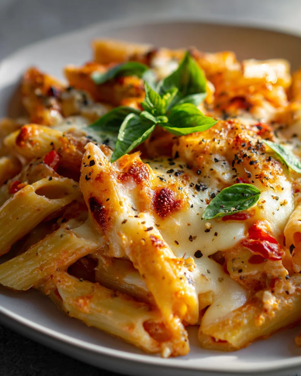 Cremiger Tomaten-Knoblauch-Pasta-Auflauf mit Mozzarella