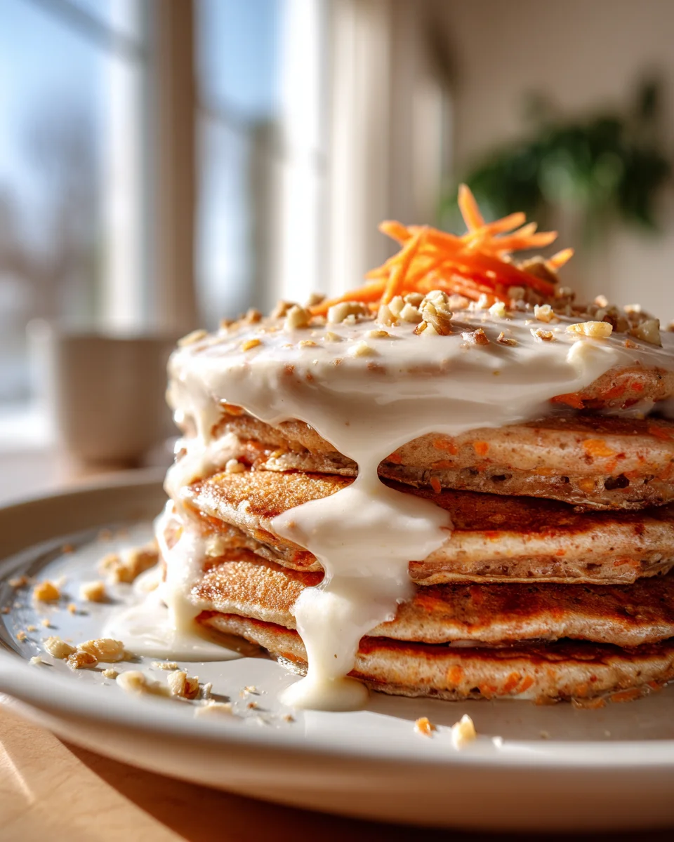 Saftige Karottenkuchen-Pfannkuchen mit Frischkäse-Soße