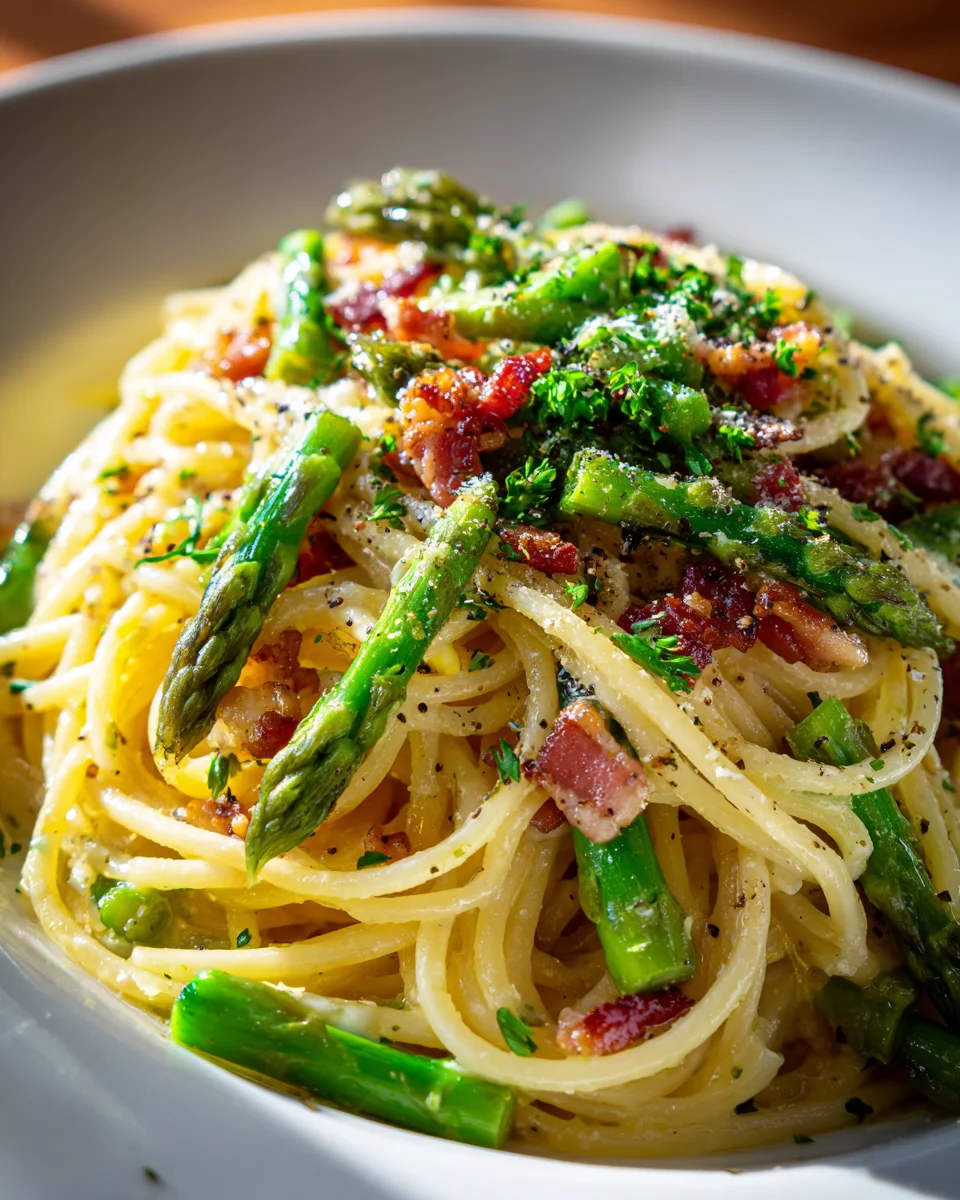 Pasta mit grünem Spargel und knusprigem Rinderbauch in Knoblauchöl