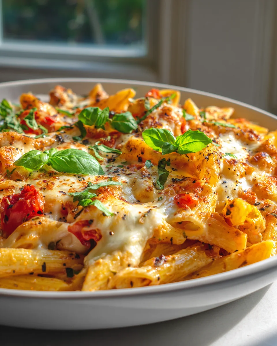 Cremiger Tomaten-Knoblauch-Pasta-Auflauf mit Mozzarella