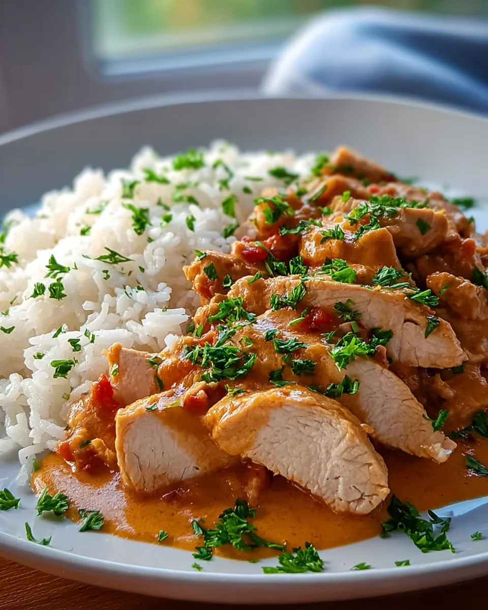 Geschnetzeltes mit Reis und Pute ohne Sahne – lecker & leicht!