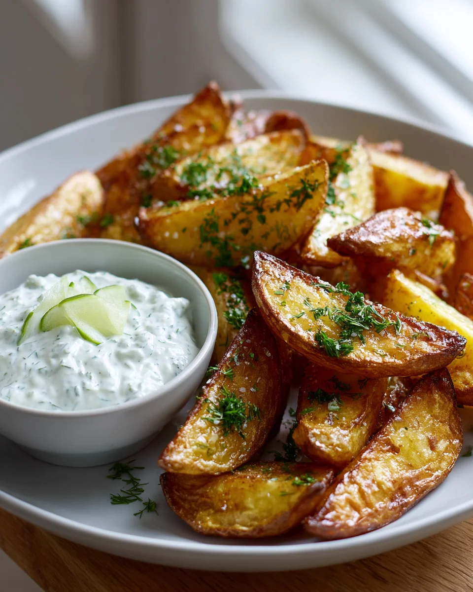 Leckere Kartoffelspalten mit Gurkendip für deine Party!