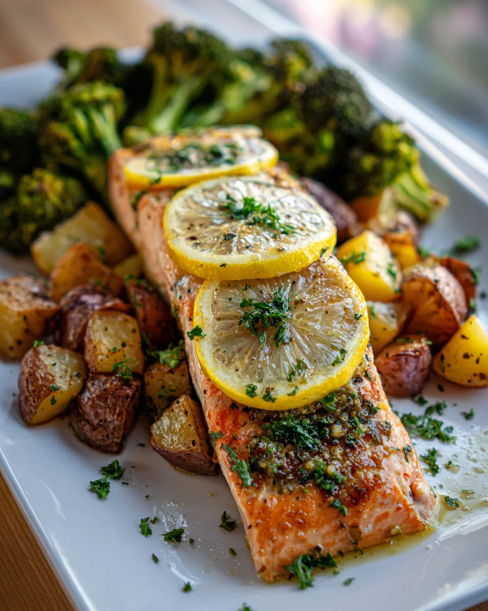Zitronen-Butter-Lachs mit Knusperkartoffeln & Ofen-Brokkoli