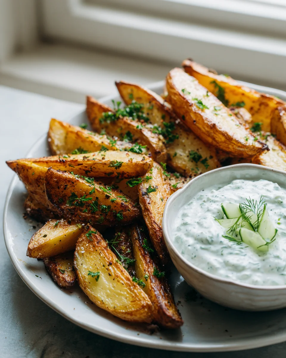 Leckere Kartoffelspalten mit Gurkendip für deine Party!