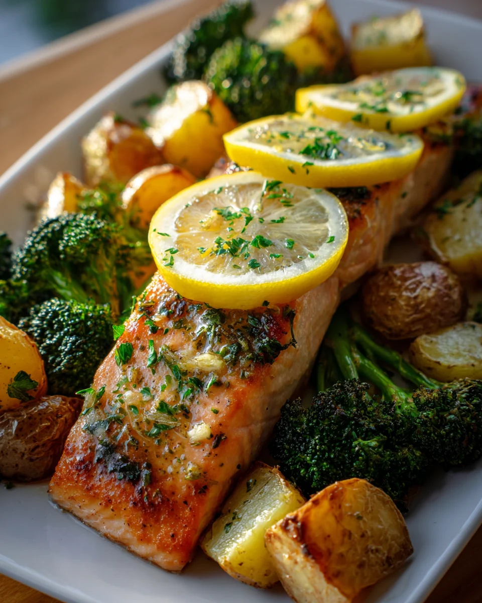 Zitronen-Butter-Lachs mit Knusperkartoffeln & Ofen-Brokkoli