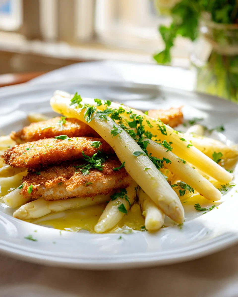 Weißer Spargel mit Schnitzel und klassischer Panade aus Rindfleisch