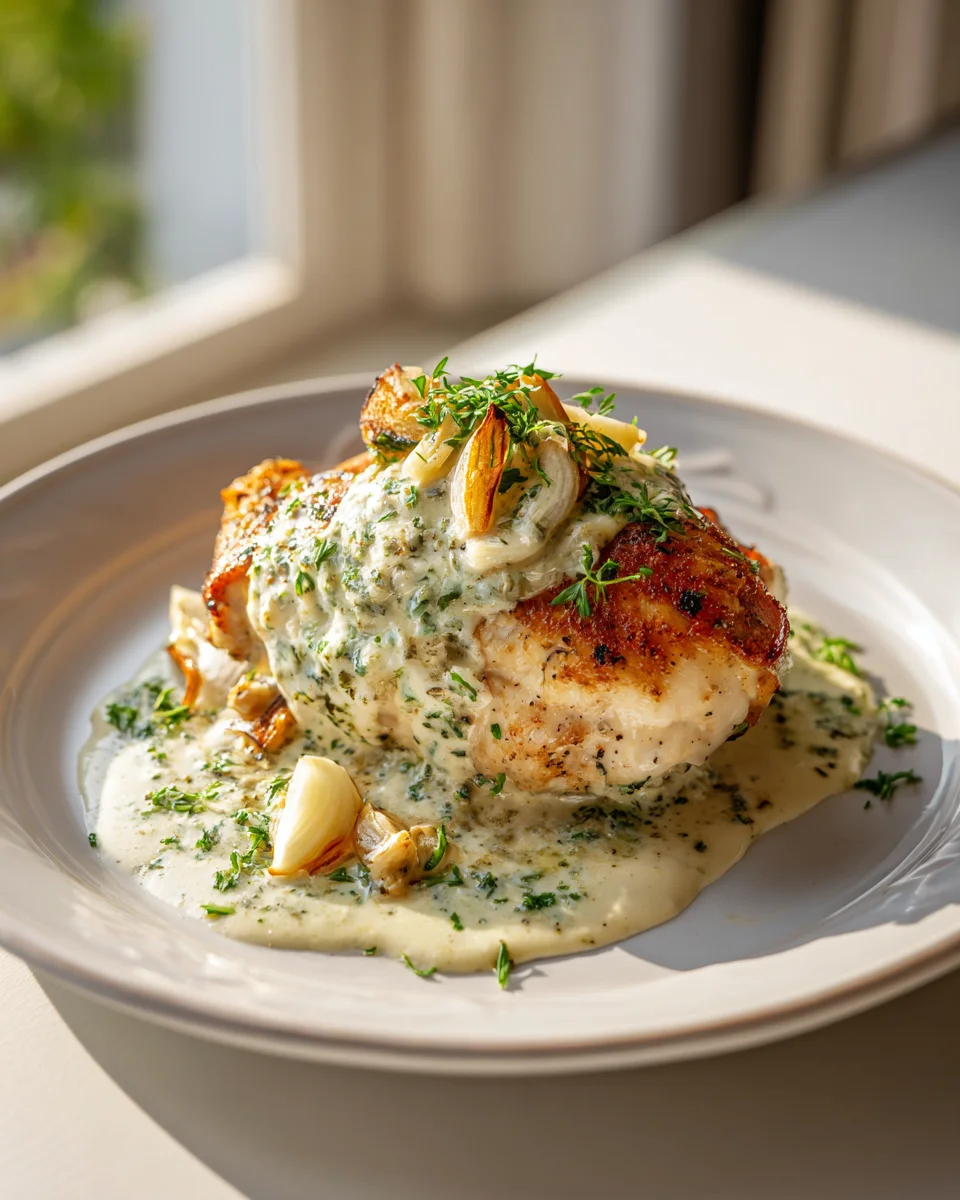 Boursin Käse Hähnchen mit köstlicher Knoblauch Kräutersoße