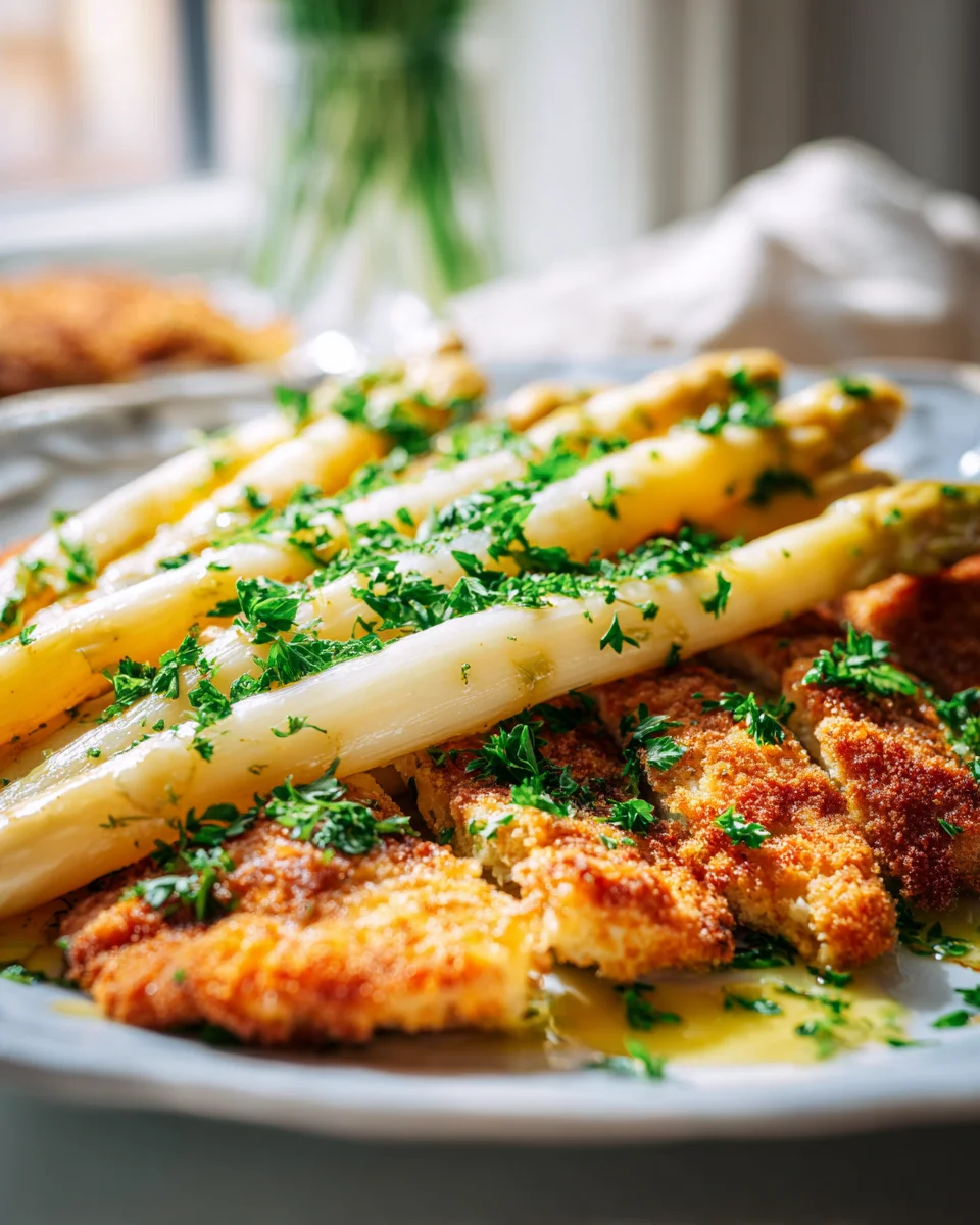 Weißer Spargel mit Schnitzel und klassischer Panade aus Rindfleisch