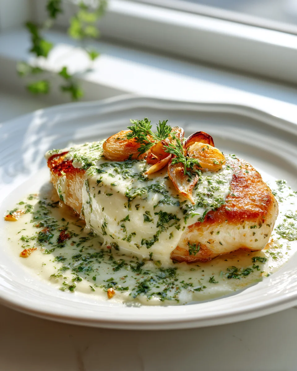 Boursin Käse Hähnchen mit köstlicher Knoblauch Kräutersoße