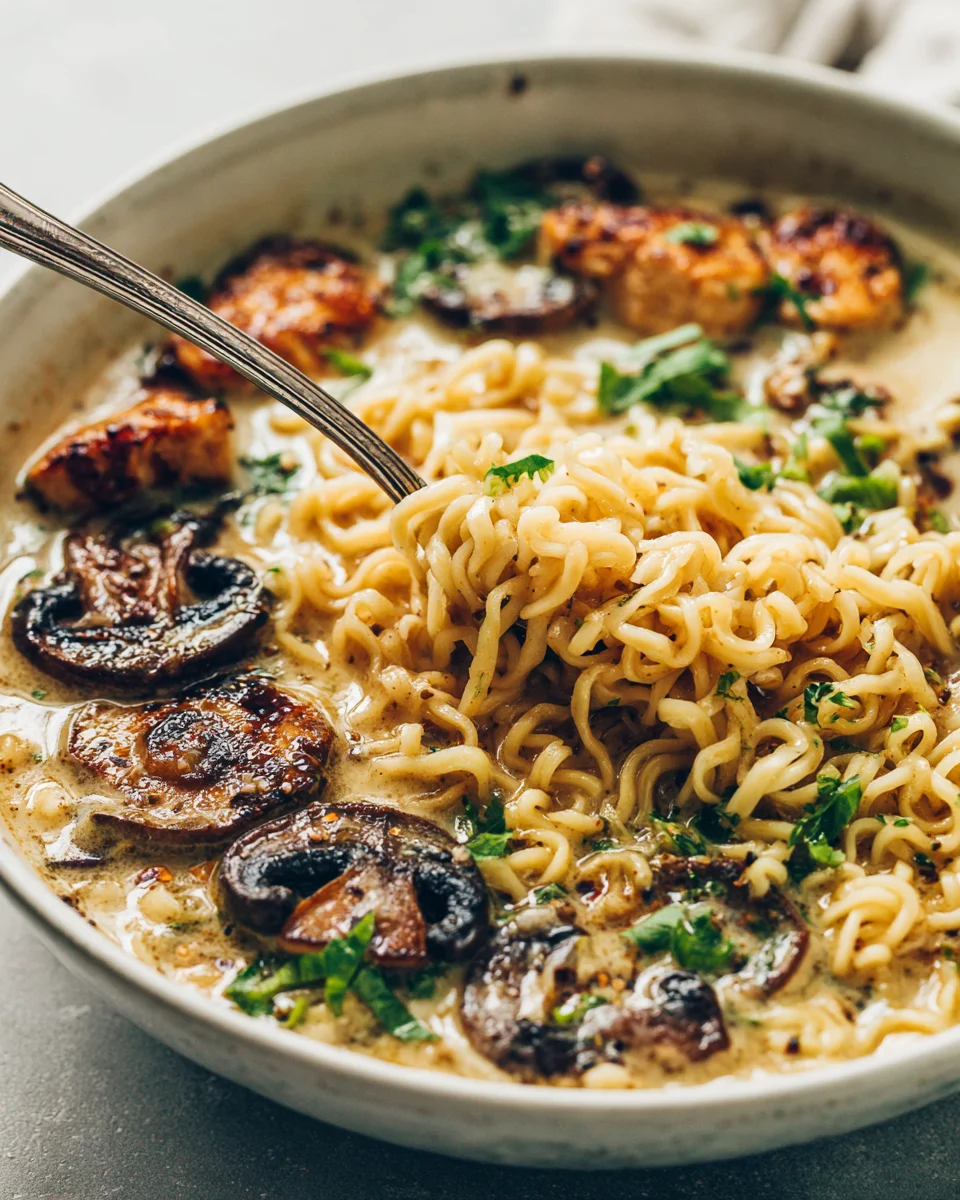 Cremige Knoblauch Hähnchen Ramen mit Pilzen – Ein Genuss!