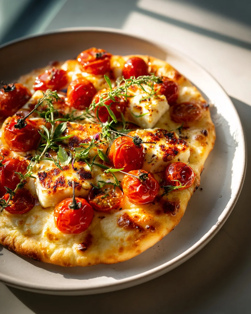 Halloumi-Pizza mit Kirschtomaten und Kräutern