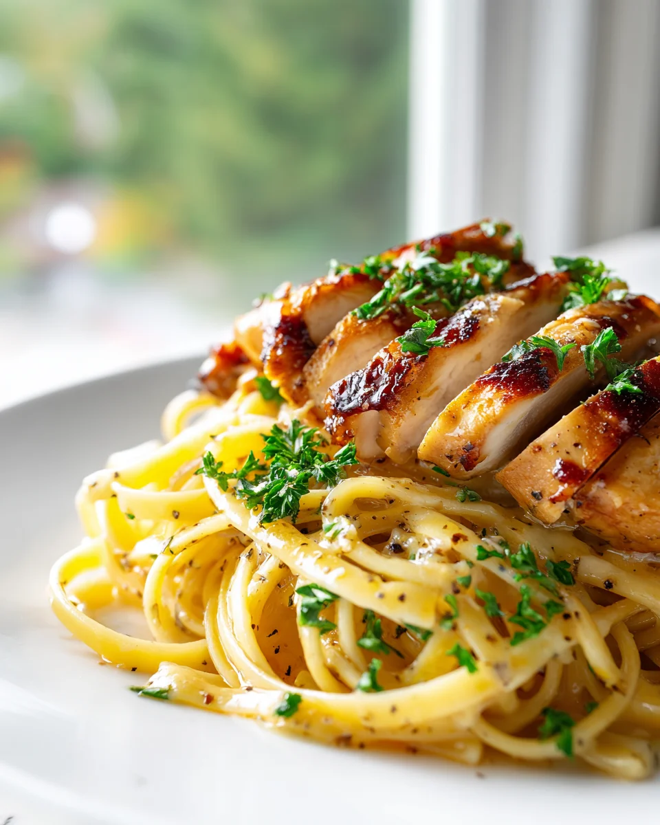 Cremige Honig Knoblauch BBQ Hähnchen Fettuccine in einer Pfanne
