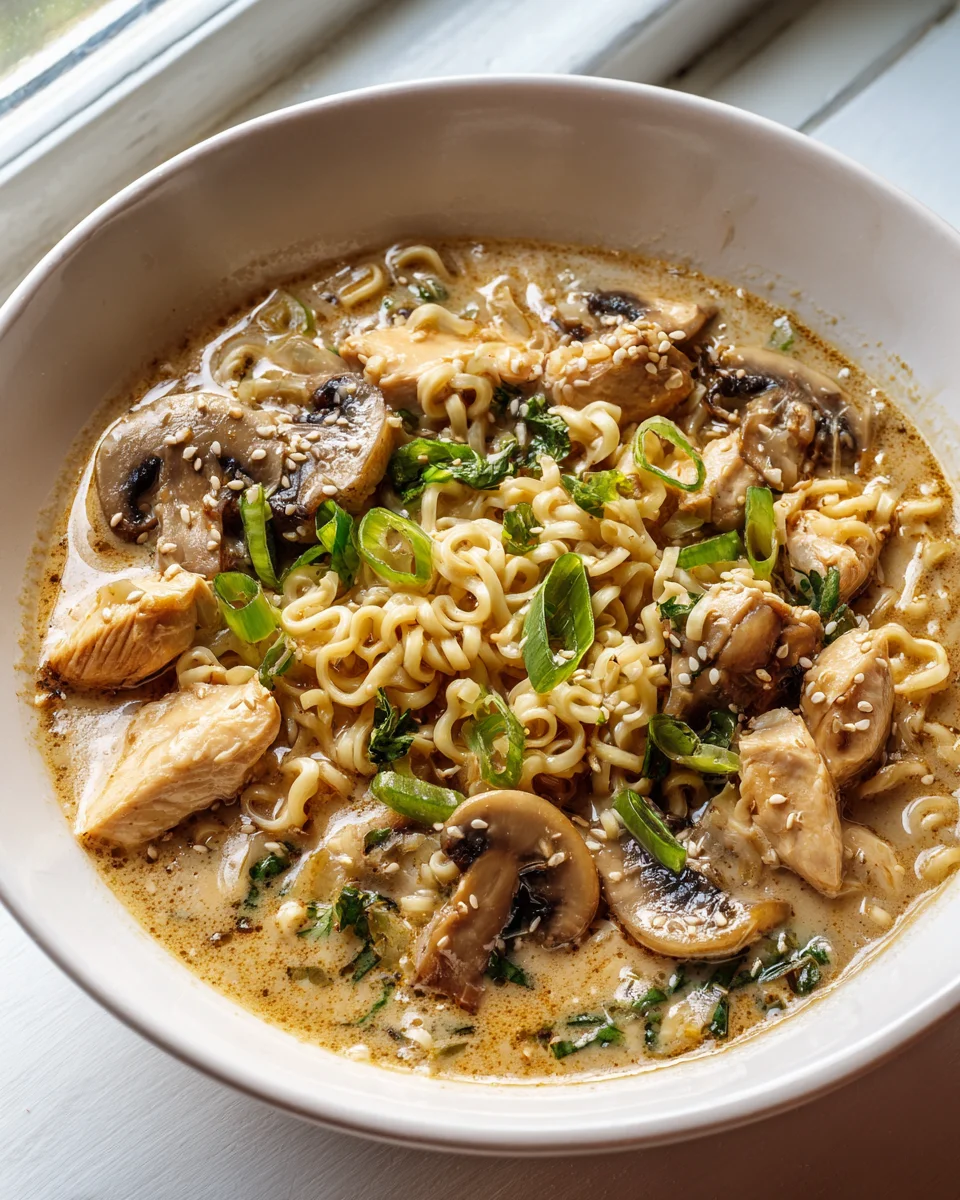 Cremige Knoblauch Hähnchen Ramen mit Pilzen – Schnell & Lecker!