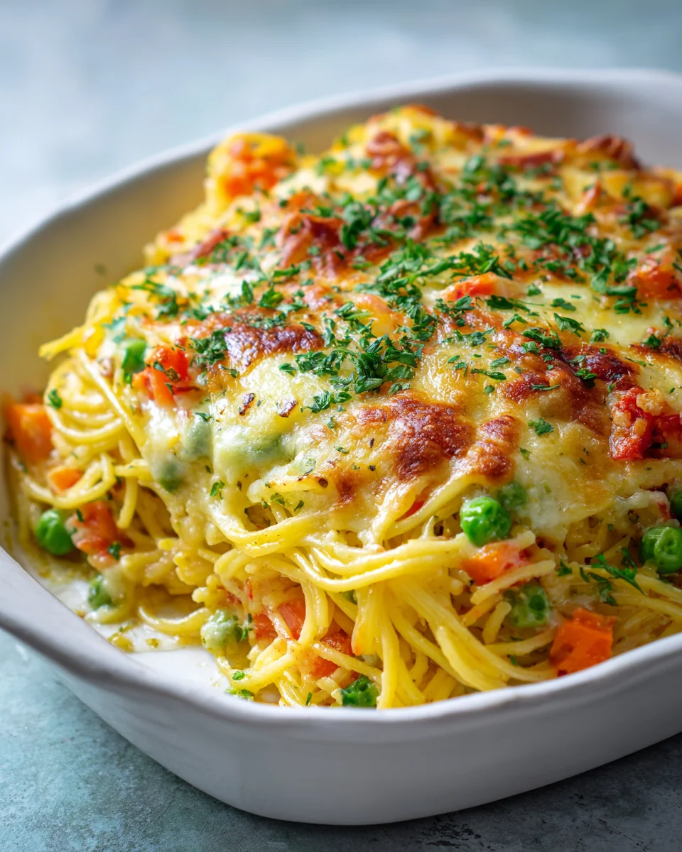 Leckere Spaghetti Auflauf mit Gemüse und Käse überbacken!