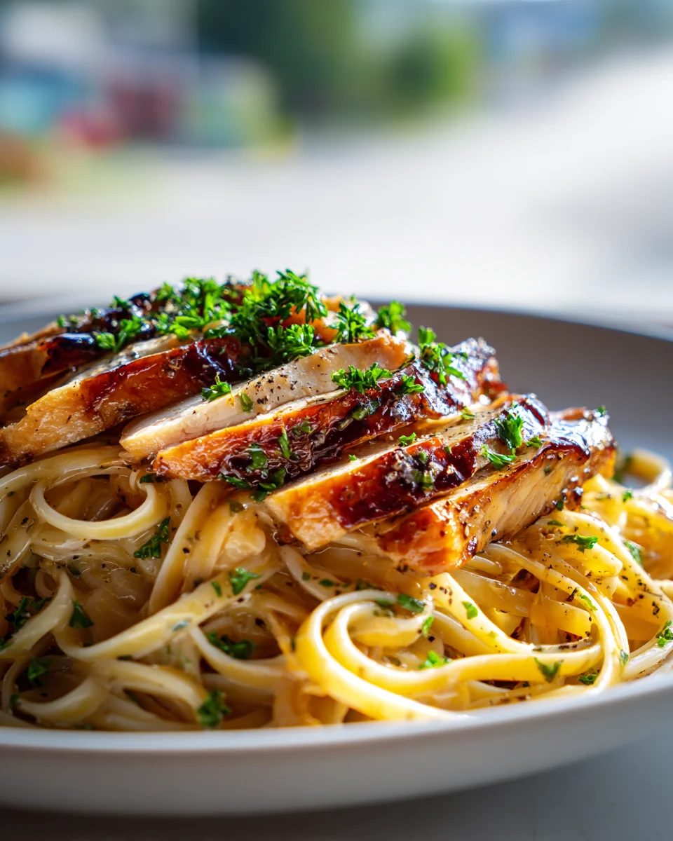 Cremige Honig Knoblauch BBQ Hähnchen Fettuccine in einer Pfanne